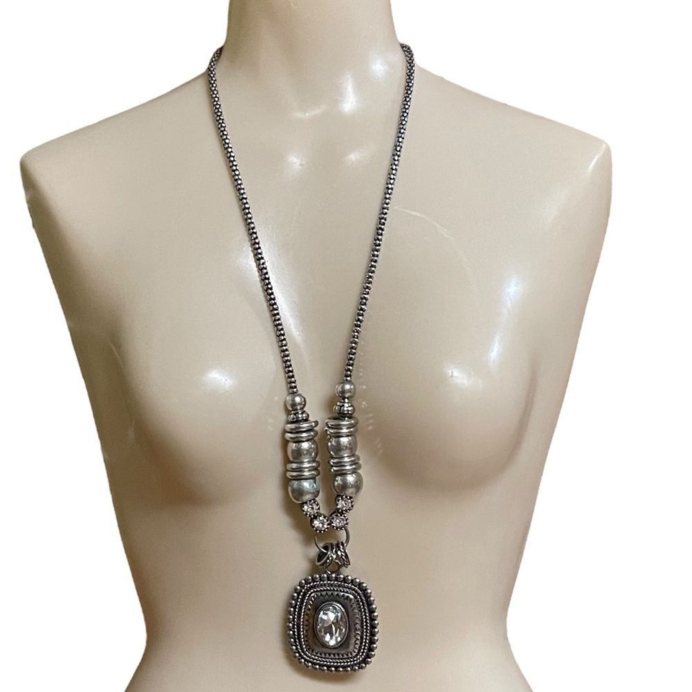 C1946 Chunky Large Silver Rhinestone Pendant Popc… - image 3